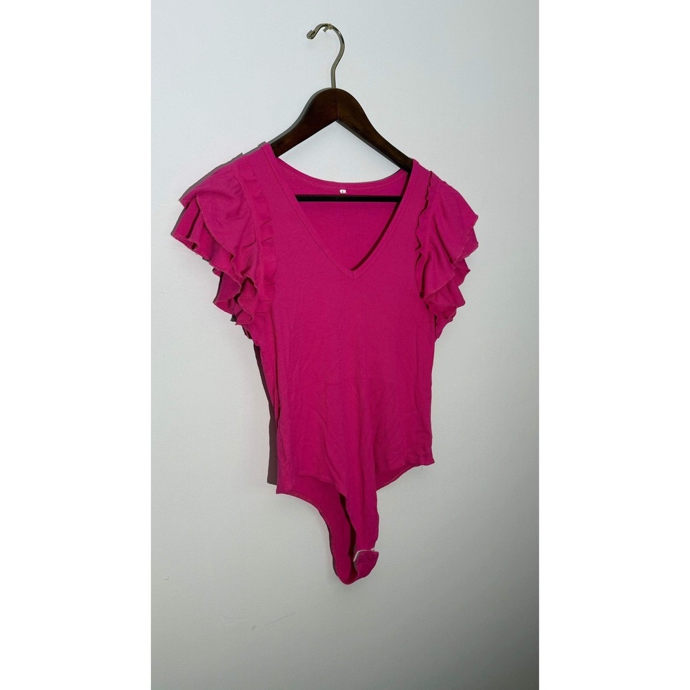 Ruffle Sleeve Bodysuit Women Large Hot‎ Pink Ribbed V-Neck Cap Sleeve - Picture 2 of 7